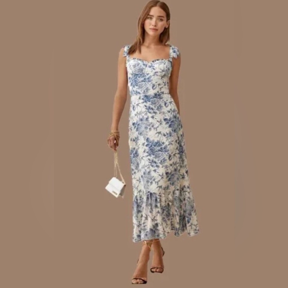 Reformation Nikita Blue and White Floral Midi Dress NWT size 8 - Picture 3 of 16